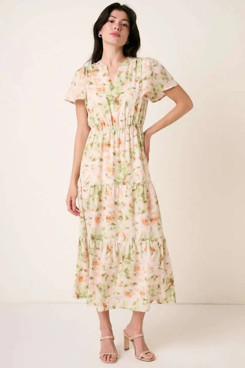 Mittoshop Flower Print Flutter Sleeve V Slit Maxi Dress - Love Salve